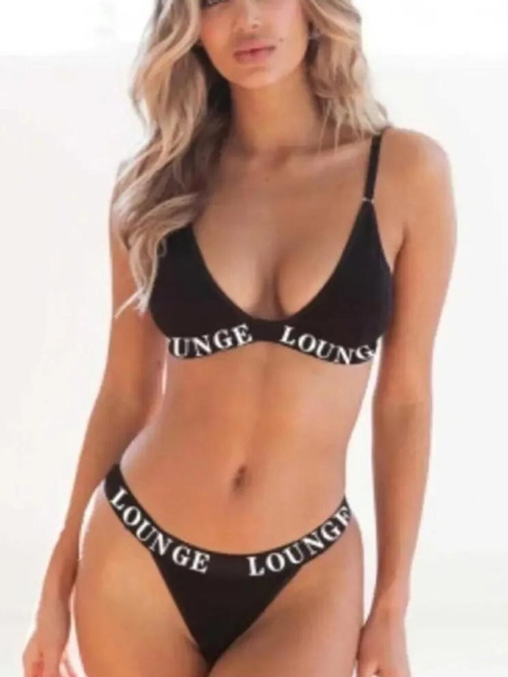 Black Lounge Bra & Thong Set NWT Triangle Bralette Soft Stretch Logo Band